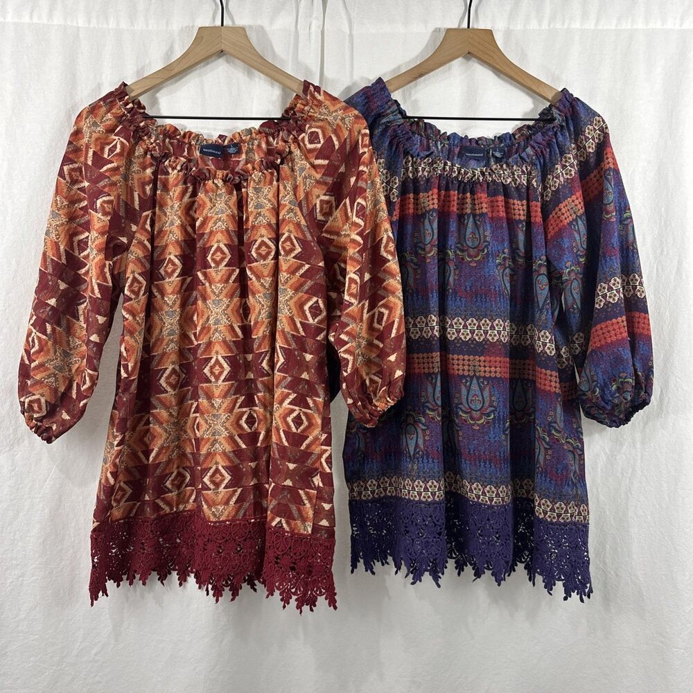 Westbound Lot of 2 Colorful Peasant Boho Crochet Trim Tunic Tops Womens Size L - Picture 1 of 11